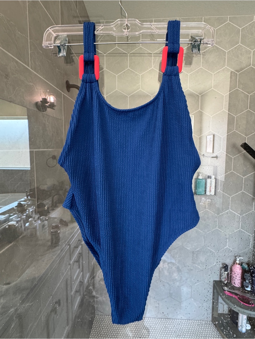 aerie Blue Textured One-Piece Swimsuit with Pink Accent Clips